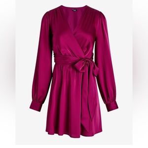 Satin Long Sleeve Tie Waist Mini Dress